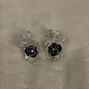Elegant Silver and Black Floral Earrings